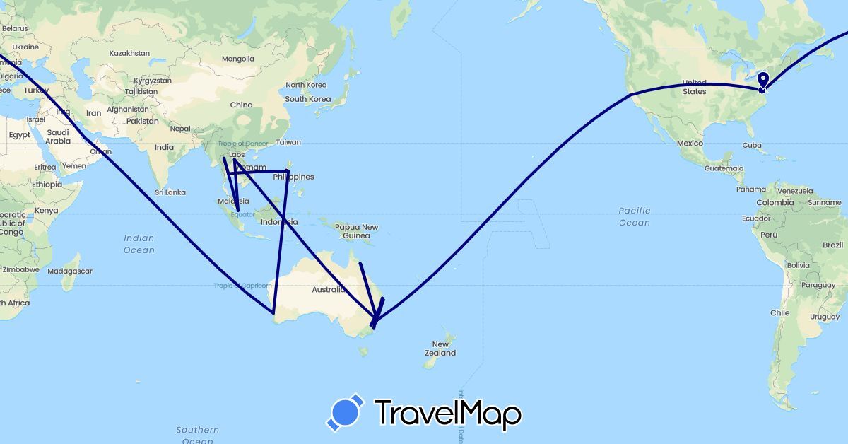 TravelMap itinerary: driving in Australia, Laos, Philippines, Qatar, Singapore, Thailand, United States (Asia, North America, Oceania)
